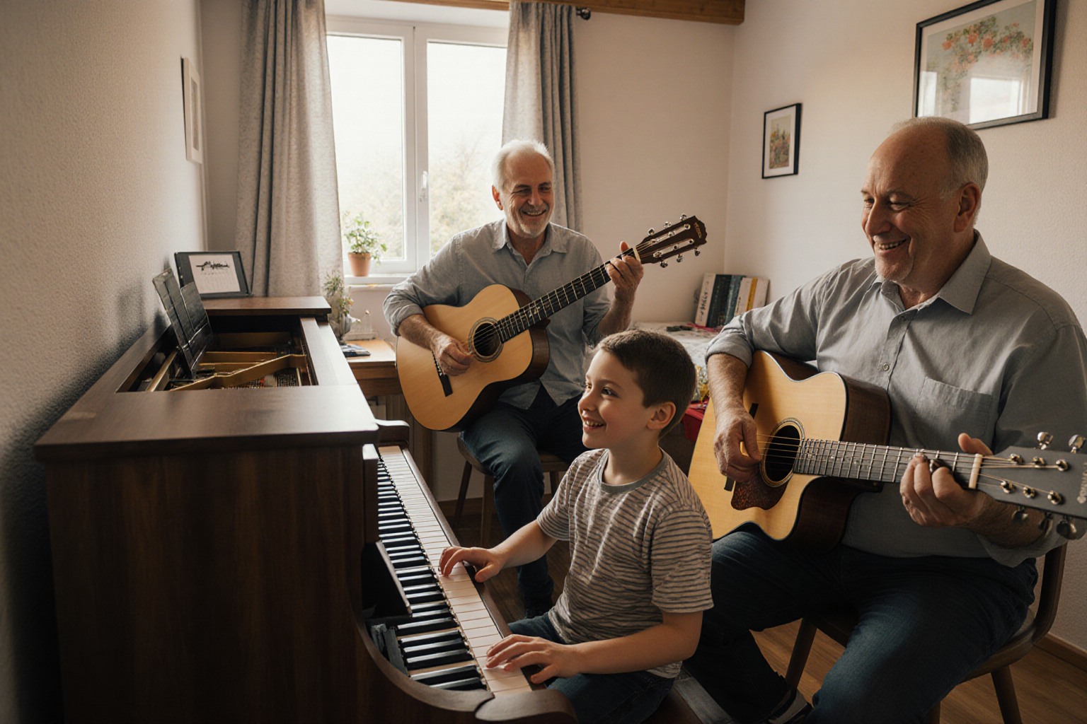 Familie beim gemeinsamen Musizieren mit Klavier und Gitarren
