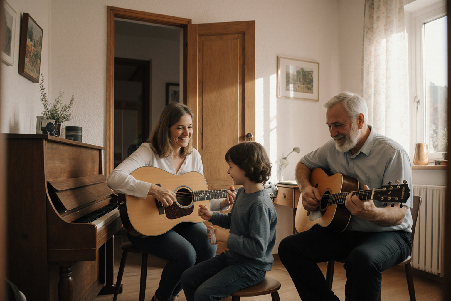 Familie beim gemeinsamen Musizieren mit Klavier und Gitarren